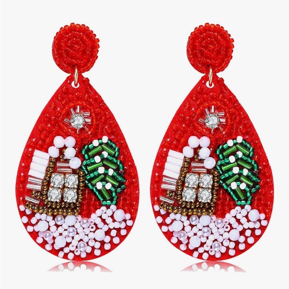 Betsey Johnson Handcrafted Christmas Festive Red Beaded Dangle Drop Earrings - Picture 1 of 11